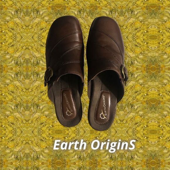 Earth Origins Shoes - EARTH ORIGINS Mules Brown Leather Gold Buckle 2” Heel Size 8